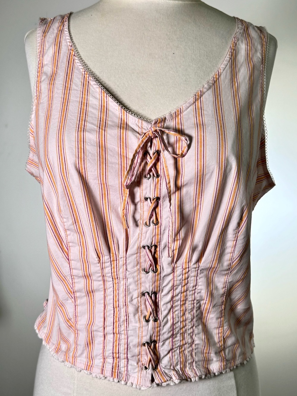 Unionbay XL Juniors Pink Stripe Lace Up Corset Tank Crop Top Y2K - Picture 2 of 10